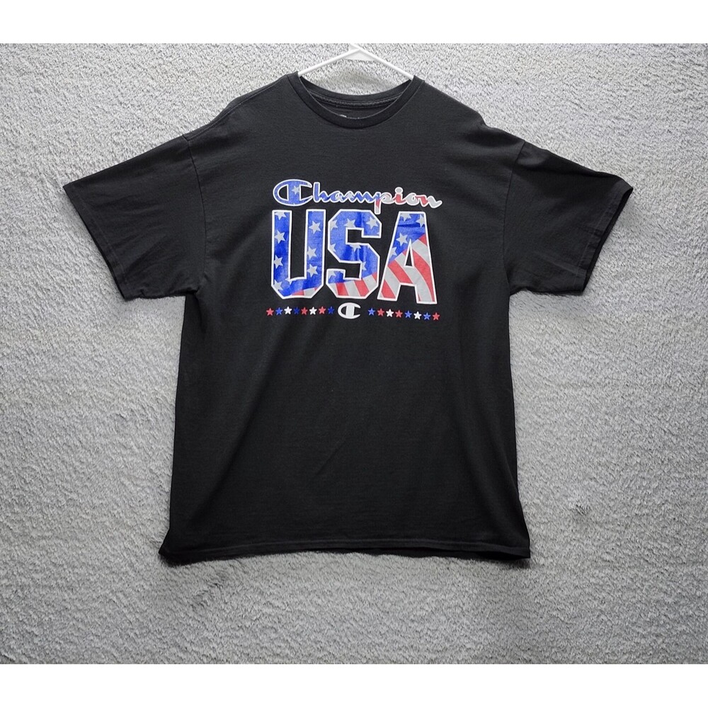 Champion Logo Shirt Mens 1XL Black Casual Streetwear Red White Blue USA T-Shirt